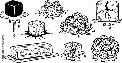 Black and white line art illustration of melting and cracked ice cubes with different shapes and melting puddles in hand drawn style