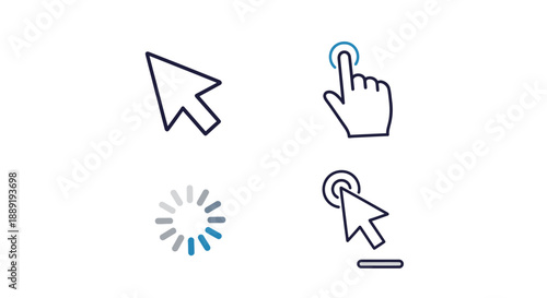 Cursor and Hand Pointer Icons Set with Loading Spinner and Tapping Action on Isolated White Background