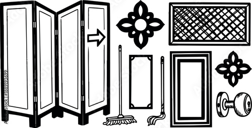 Line art close up of folding room divider panels door frame vent grate decorative rosettes mop handle and brass knob assembly
