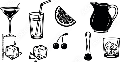 Black and white line art cocktail glass with straw cherries ice cubes citrus slice and muddler mixer set drawing