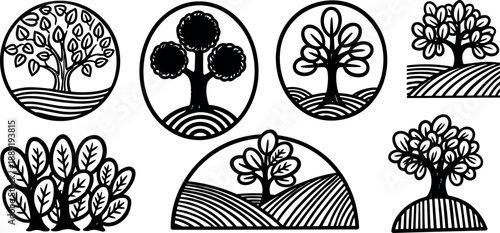 Black and white hand drawn circle tree icon set with various foliage and landscape elements in simple line art style
