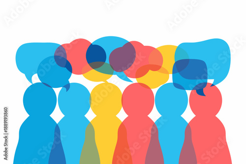 Abstract illustration depicting a group of people with colorful speech bubbles