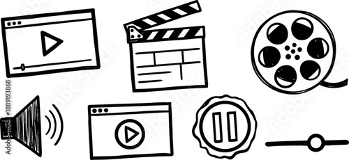 Hand drawn line art close up media icons showing play window clapperboard film reel speaker and pause badge on white background