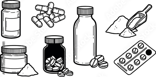 Black and white line art various medicine bottles capsules pills powder and spoon isolated set illustration