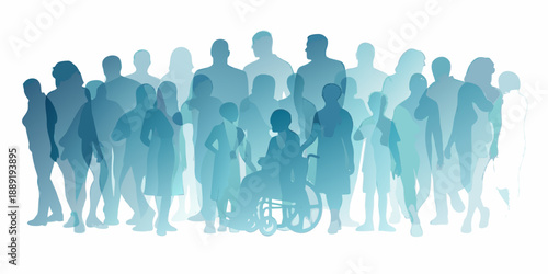 Abstract blue silhouettes of a diverse group of people including a wheelchair user