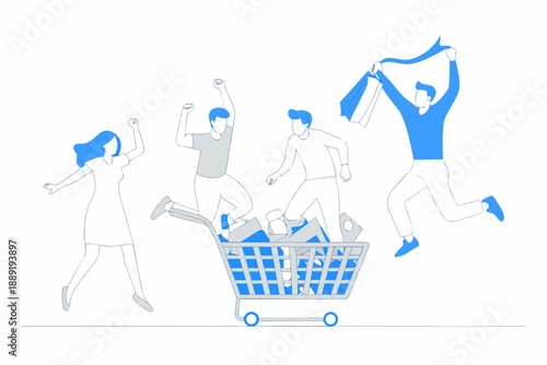 People celebrating with a shopping cart jumping for joy