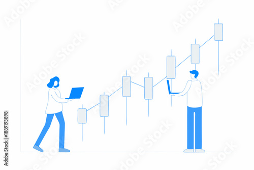 People analyzing financial data represented by a candlestick chart illustration