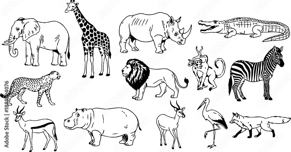Naklejka premium Black and white line art of wild african animals including elephant giraffe lion zebra and crocodile in simple style