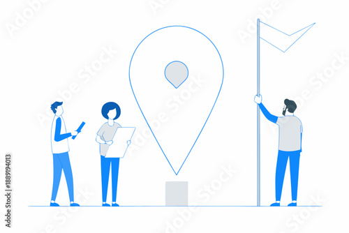 Foto People interacting with a location marker and flag in a minimalist style