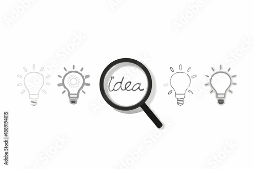 A sequence of lightbulbs and a magnifying glass displaying the word idea