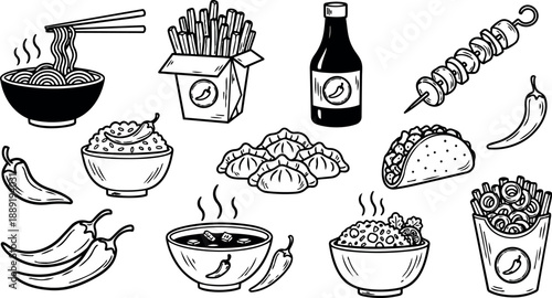Hand drawn black and white asian street food collection with noodles, dumplings, skewers, rice bowls, and chili peppers illustration