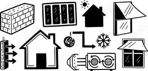 Black and white line art collection of house symbols with airflow arrows and ventilation icons design