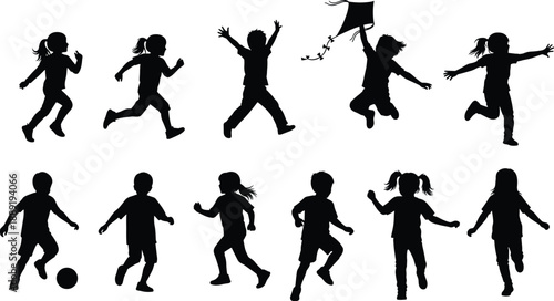 Children playing silhouette illustration set showing kids running jumping dancing and having fun isolated on white background childhood activity concept