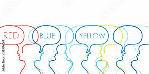 Profiles with speech bubbles displaying primary colors red blue and yellow