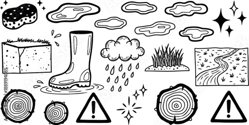 Black and white hand drawn doodle icon set with forest tree rings rain clouds and caution signs illustrated in sketch style