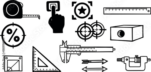 Flat design close up engineering icon set showing tape measure, vernier caliper, ruler, set square, micrometer, box, arrows, target silhouette symbols