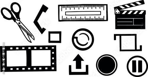 Black silhouette film production tools icon set including scissors, ruler, camera, film strip, clapperboard, and playback controls