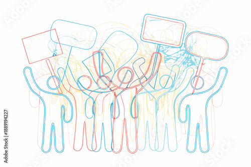 Abstract illustration of a crowd raising hands and holding signs
