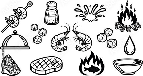 Black and white line art collection of cooking and grilling icons including shrimp steak fire lemon splash and salt shaker