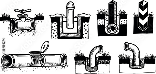 Black and white technical line art showing various pipe joints bends and valve connections close up detailed illustration