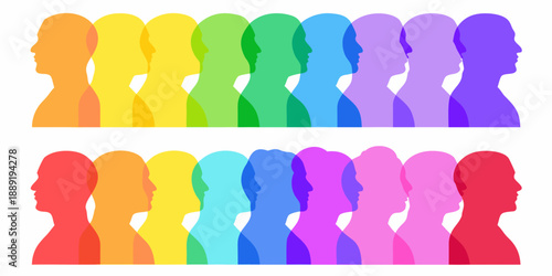 Overlapping silhouettes of diverse faces in vibrant rainbow colors