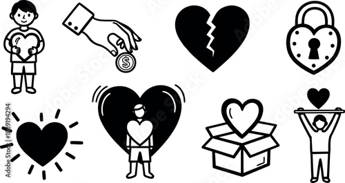 Black and white simple icon set showing love heart shapes with padlock broken heart and giving coin gestures