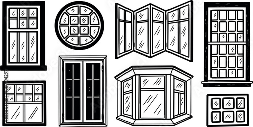 Black and white line art collection of window designs with various frame shapes and panes detailed in vector style drawing