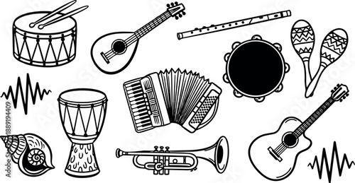 Black and white hand drawn traditional musical instruments including drum guitar trumpet accordion and maracas illustration