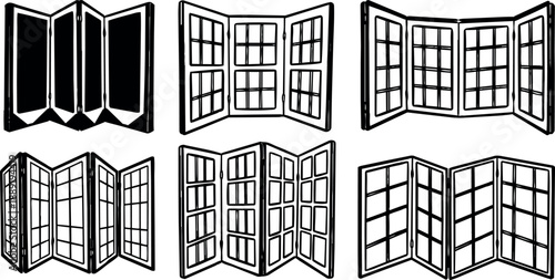 Hand drawn black and white collage of vintage folding window frames in multiple configurations detailed line art style