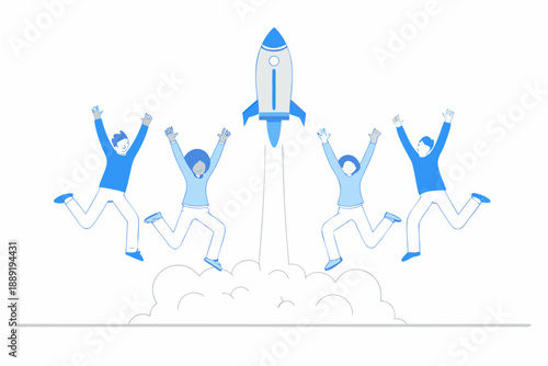 Team celebrating a rocket launch with arms raised in joyful excitement