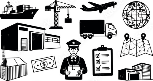Black and white silhouette icons set of logistics cargo transportation shipping plane truck crane global network warehouse and money