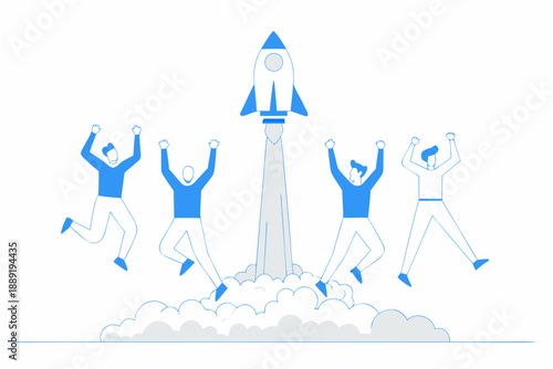 Team celebrating a rocket launch with joyful expressions and raised arms