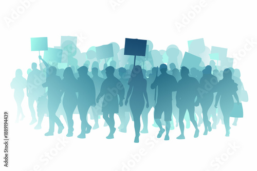 A large crowd of people protesting or marching together illustrated in blue tones