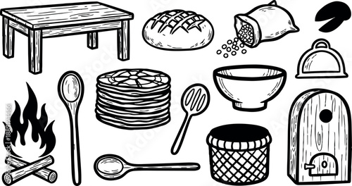 Black and white line art collection of rustic kitchen items table bread campfire cooking utensils various simple drawings