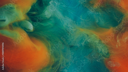 Mist swirling. Abstract fog. Defocused blue orange colorful paint in water cloud fluid liquid floating on ethereal chemical background.