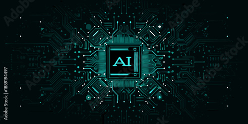 Artificial intelligence circuit board with glowing teal lines and central ai label