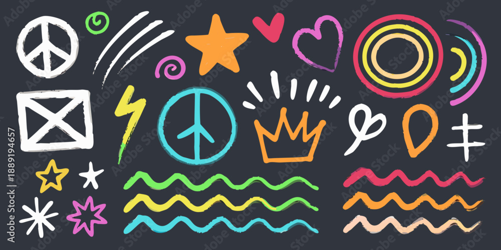 Obraz premium Colorful chalk doodles and symbols on a dark background