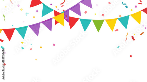 Colorful party bunting and confetti against a dark black background