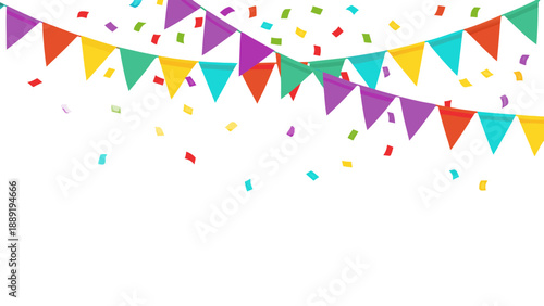 Colorful party bunting and confetti against a dark black background