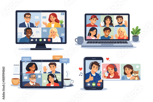 Online Video Conference and Virtual Team Meeting Illustration