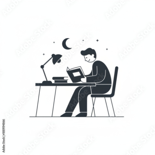 Man Reading Book at Night by Desk Lamp Study Concept