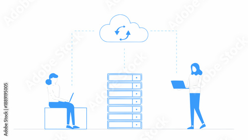 Cloud synchronization connects two people using laptops and a server
