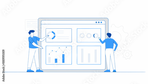 Two people analyzing data on a large digital display dashboard