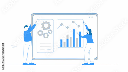 Team collaboration analyzing data and progress on a large digital screen