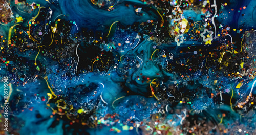 Blur glitter liquid. Sparkling background. Golden colorful particles spill in blue turquoise fluid. Curl color spangle stream abstract emulsion.