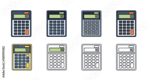 Collection of various digital calculators displayed in different styles and colors