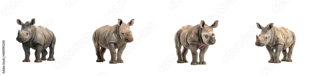 Fototapeta premium Four rhinoceroses in varying poses are displayed ideal for design projects on transparent background high quality