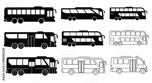 Collection of black and white bus silhouettes in various styles and perspectives