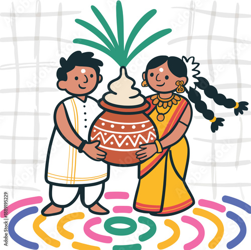 Indian couple holding pot with sugarcane and festive decorations