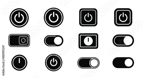 Collection of black power buttons toggles and a timer icon